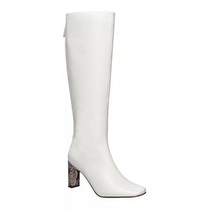 French Connection White Knee-High Wide-Calf Heeled Boots
